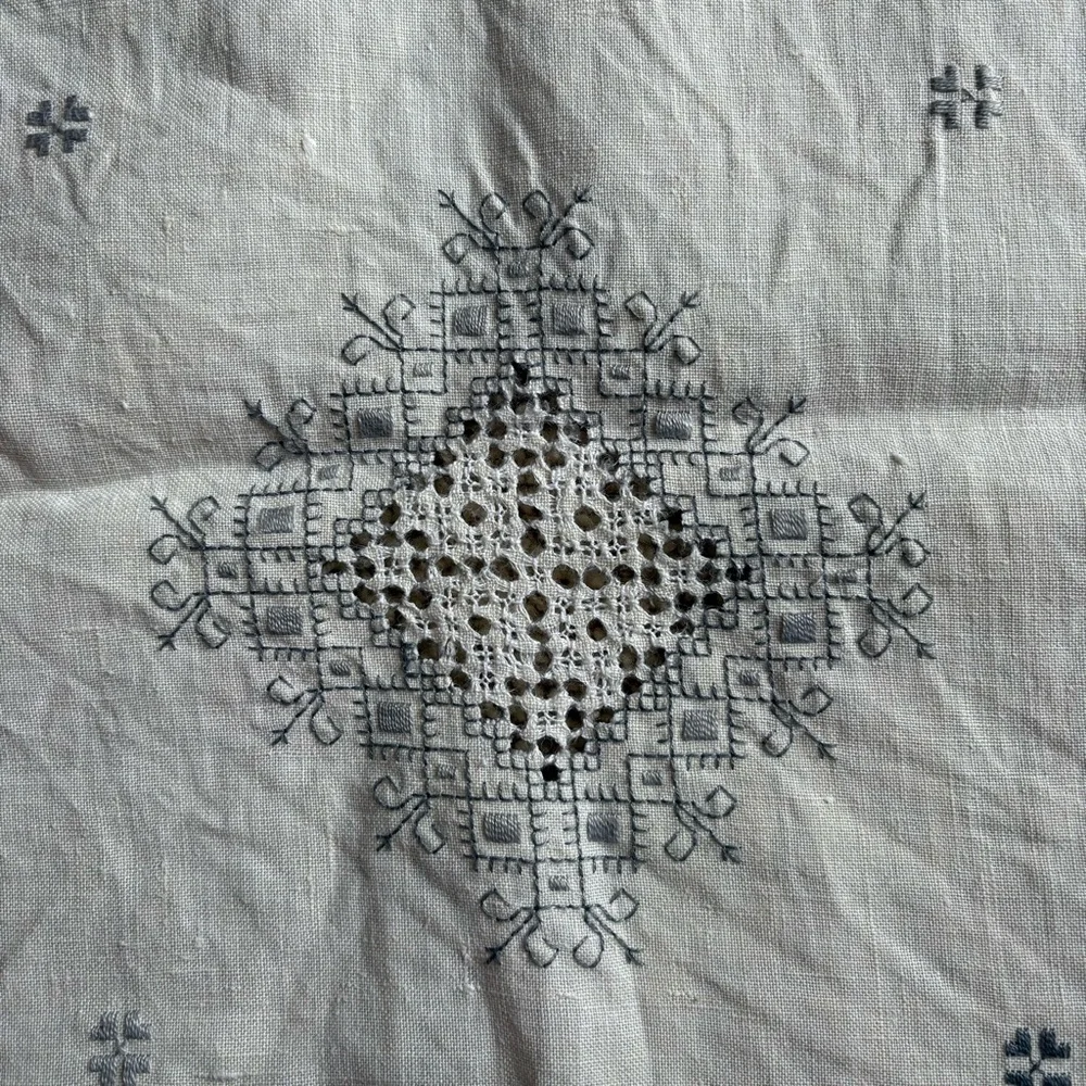 Vintage Tablecloth 5 Napkins Square Approx 40” X‎ 40” Blue Embroidered Cut Outs